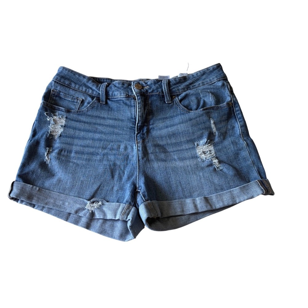 Time and Tru Women Blue Distressed Denim Cuffed Shorts‎ Mid Rise Size 12